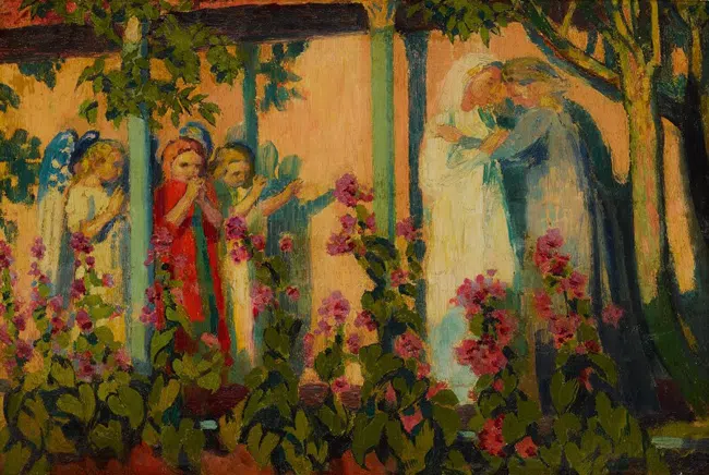 Visitation with Hollyhocks (study)